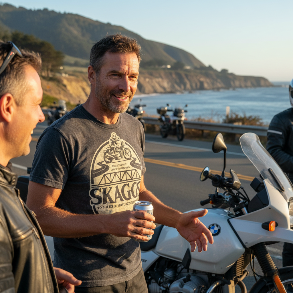 Man wearing a Skaggs t-shirt standing next to motorcycles by a scenic coastal road