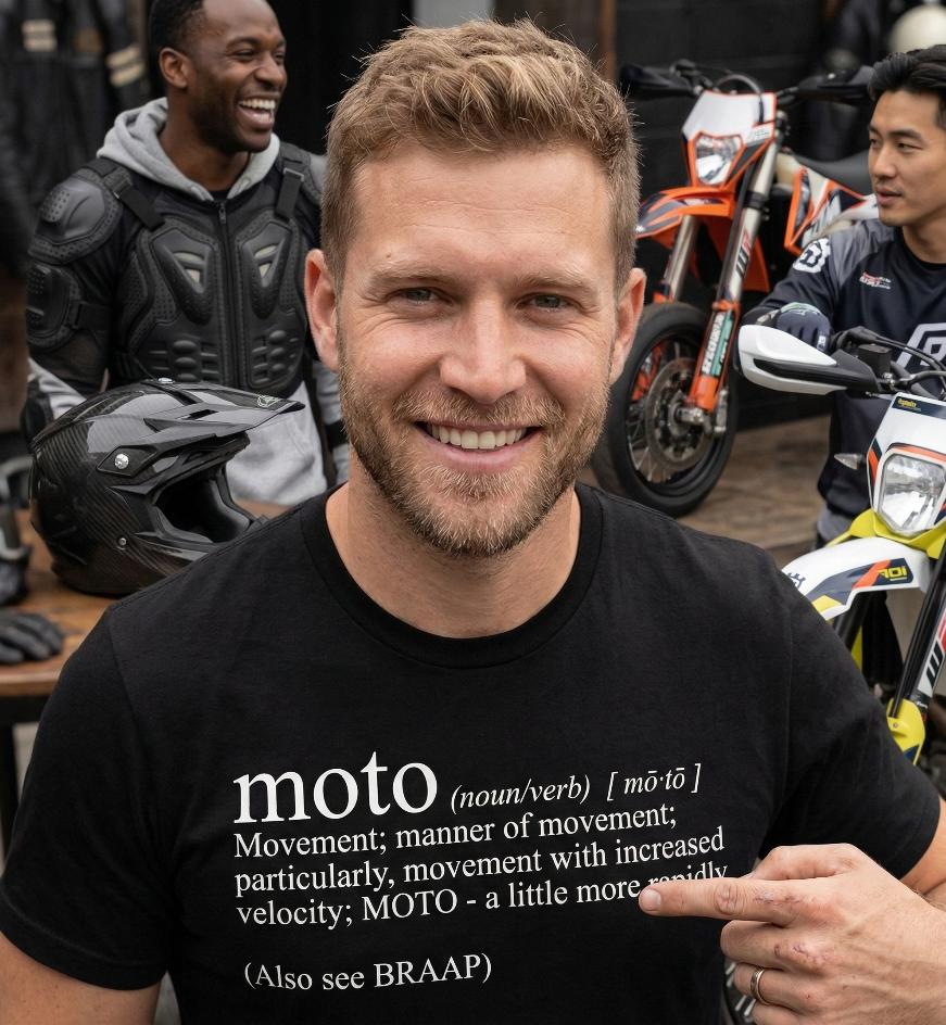 Man wearing a black Moto Definition t-shirt from Crown Moto, LLC