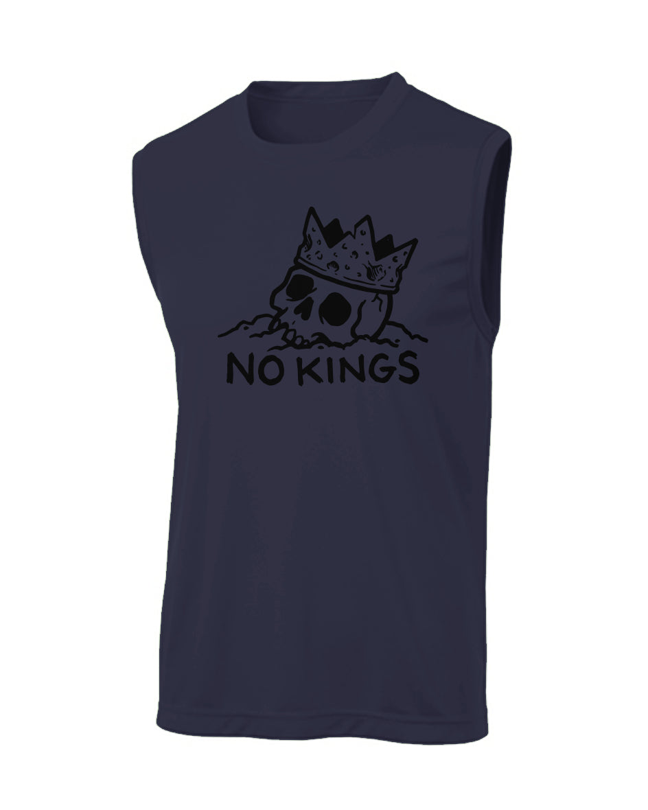 Navy sleeveless shirt with skull wearing a crown and 'NO KINGS' text on a white background