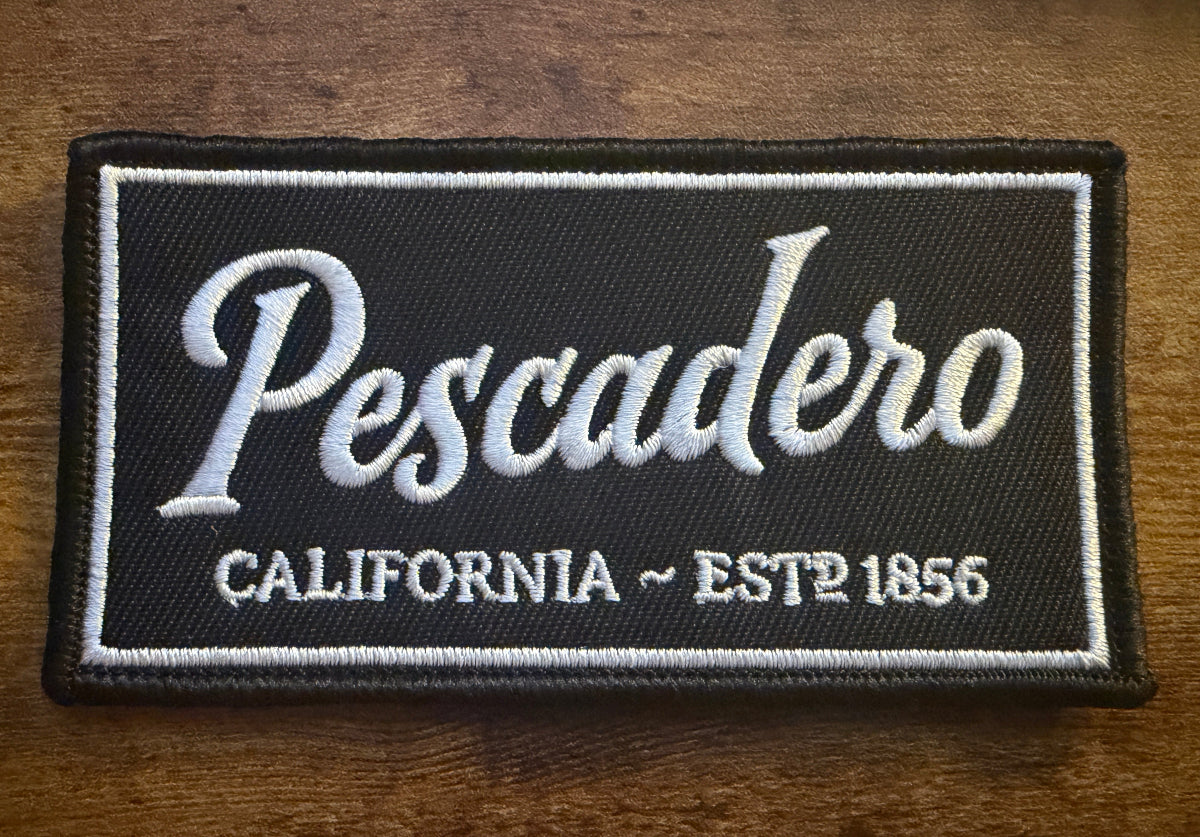 Black and white Pescadero embroidered patch with Pescadero California Est. 1856