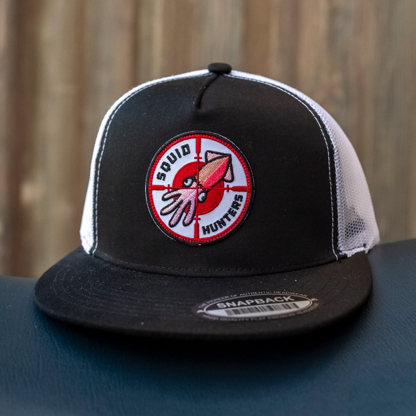 Squid Hunter B&W Snapback Trucker Hat, cotton front, mesh back, snapback adjustment, embroidered patch, motorcycle lifestyle, squid hunters, fast riders, hooligans
