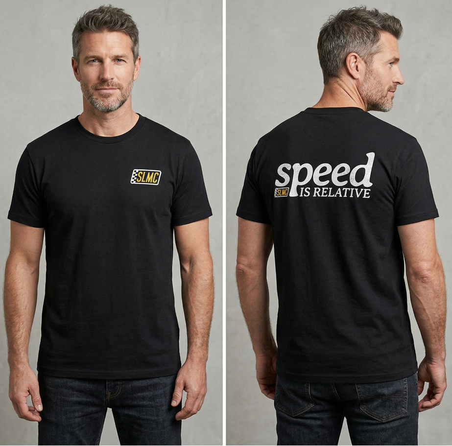 Man wearing black SLMC SkyLonda Motor Club Speed is Relative t-shirt