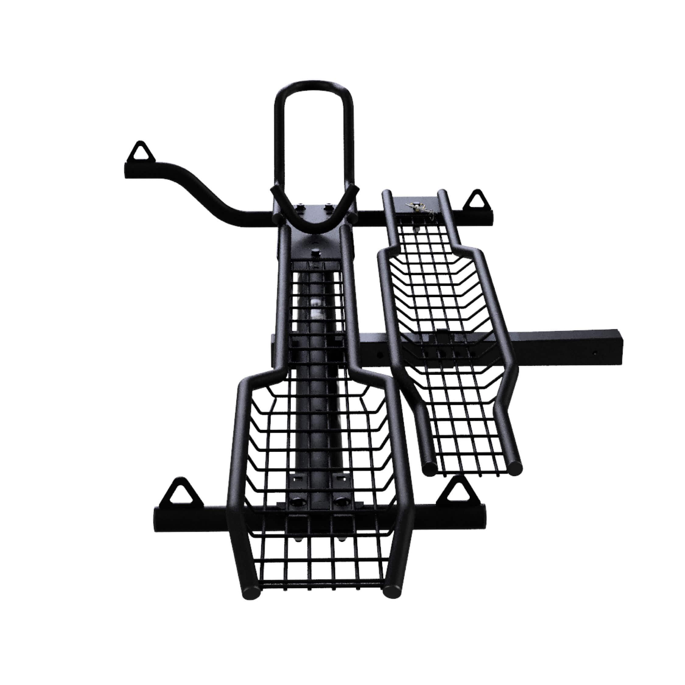 Black metal bike basket with handle on a white background