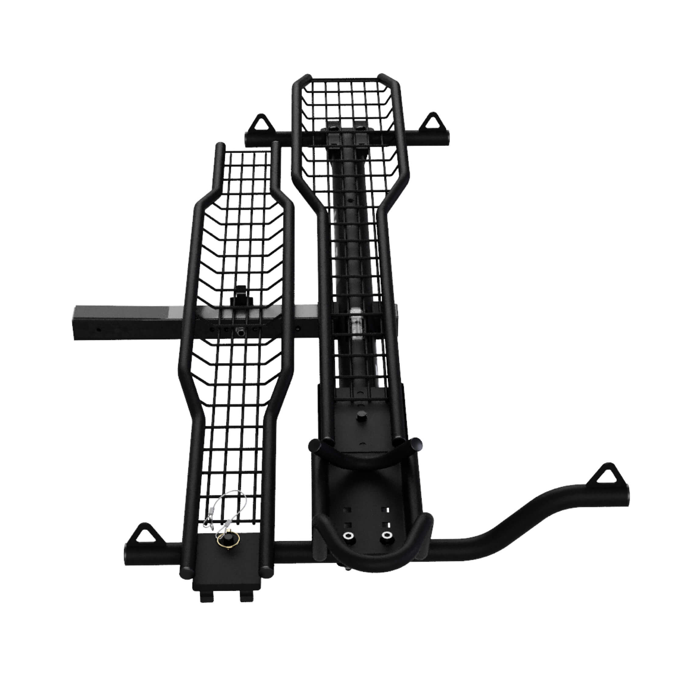 Black metal bike rack with wire baskets on a white background
