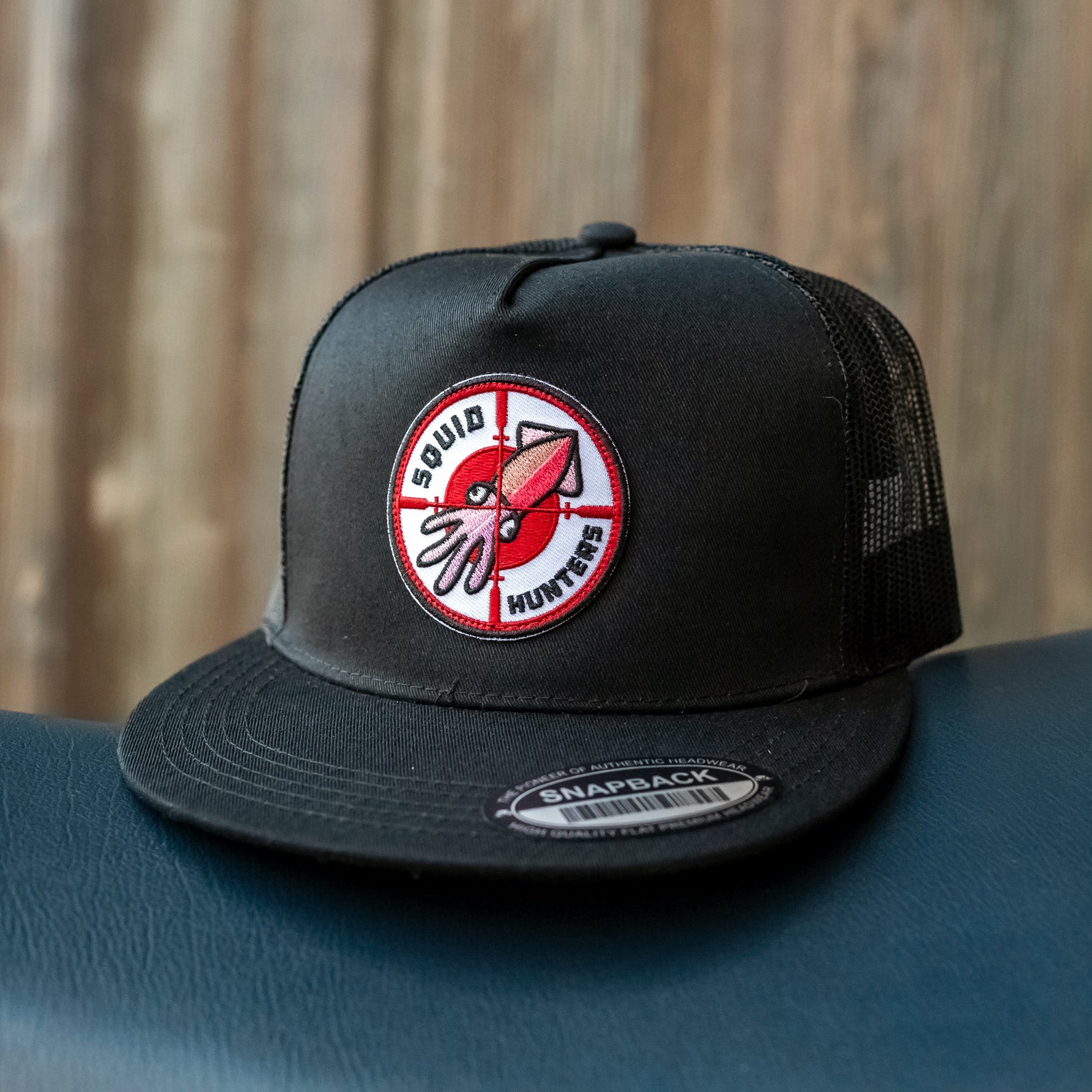 Squid Hunter Black Snapback Trucker Hat, speed, fast riders, superbikes, supernaked, mesh, snapback, embroidered patch