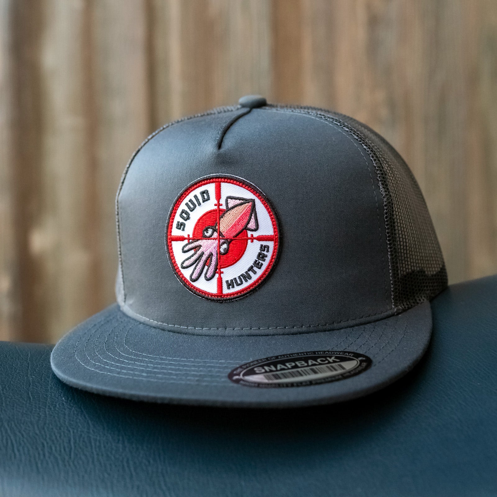 Squid Hunter Charcoal Grey Snapback Trucker Hat, mesh, embroidered, snapback, cotton, original, speed, fast riders, superbikes
