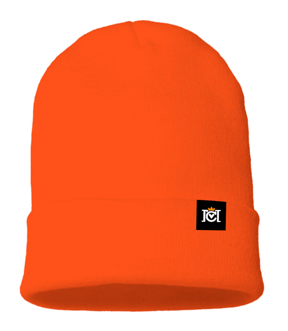 knit beanie, quality sustainable, knitted, woven tag, crown moto, motorcycle lifestyle, warm, headwear, beanies, helmet hair, brand, crown moto, logo, cuffed, orange