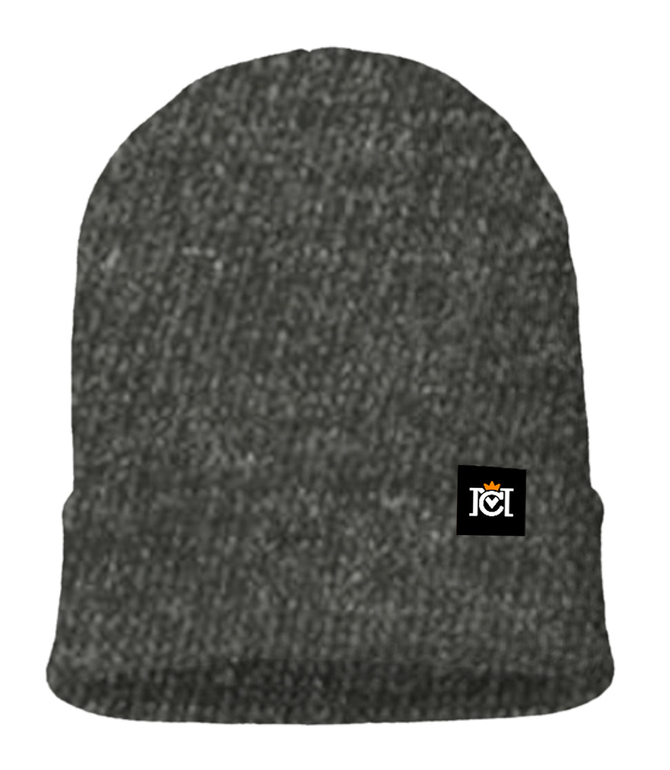 knit beanie, quality sustainable, knitted, woven tag, crown moto, motorcycle lifestyle, warm, headwear, beanies, helmet hair, brand, crown moto, logo, cuffed, grey, gray, charcoal