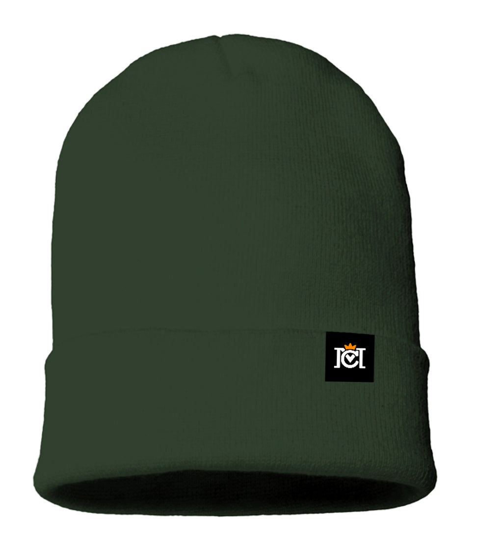 knit beanie, quality sustainable, knitted, woven tag, crown moto, motorcycle lifestyle, warm, headwear, beanies, helmet hair, brand, crown moto, logo, cuffed, green