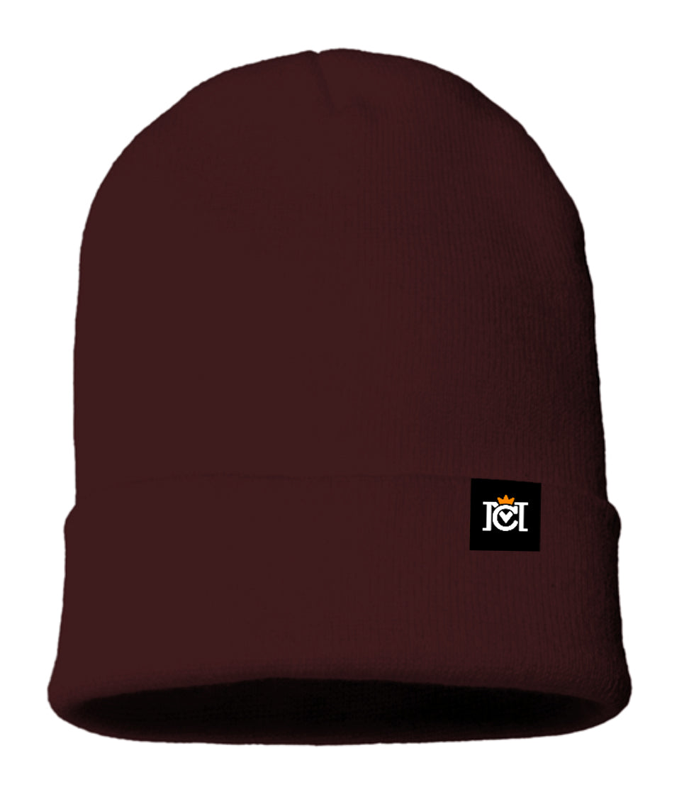 knit beanie, quality sustainable, knitted, woven tag, crown moto, motorcycle lifestyle, warm, headwear, beanies, helmet hair, brand, crown moto, logo, cuffed, brown
