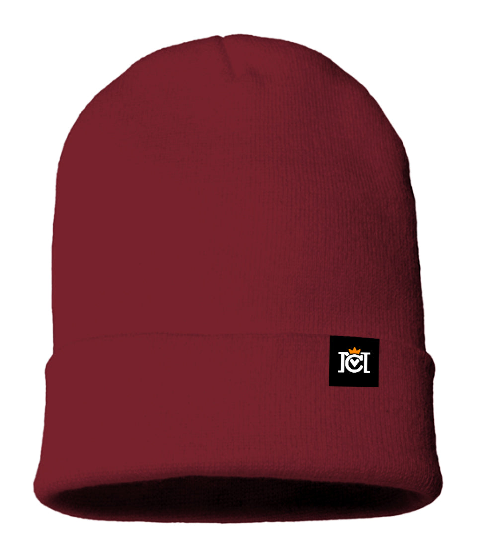 knit beanie, quality sustainable, knitted, woven tag, crown moto, motorcycle lifestyle, warm, headwear, beanies, helmet hair, brand, crown moto, logo, cuffed, maroon, burgundy