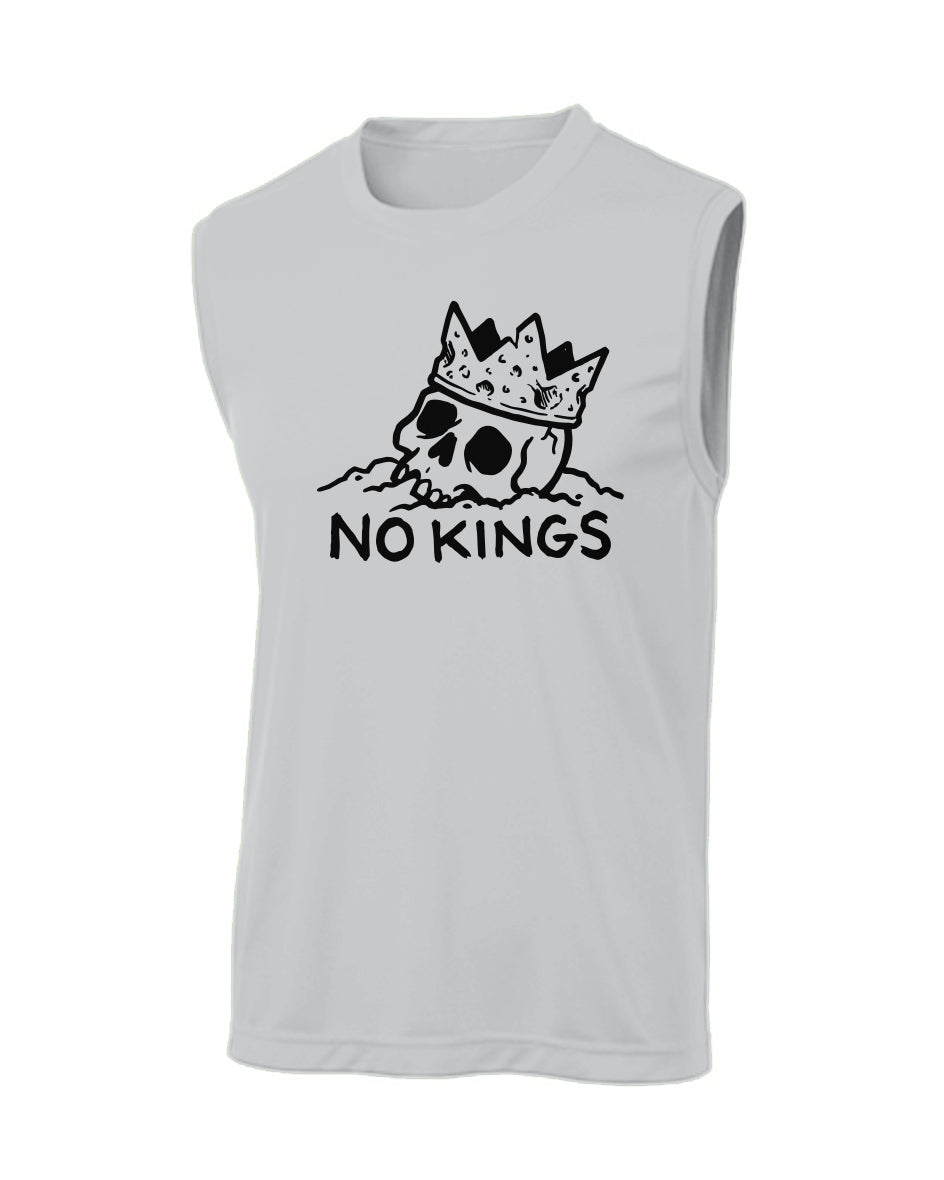 White sleeveless shirt with skull and crown graphic and 'NO KINGS' text on a white background