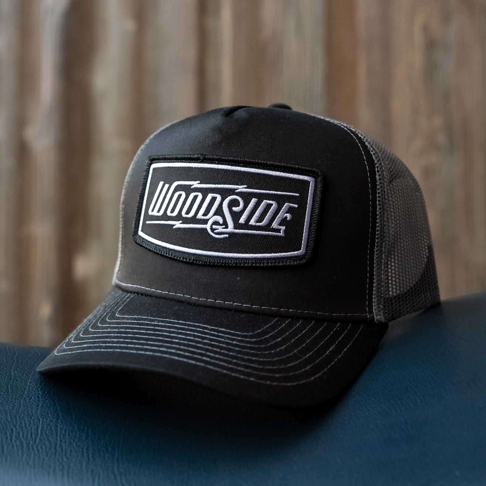 Woodside Black and Charcoal Snapback Trucker Hat, mesh, riveted, branded, adjustable, patch, truckers, cobra brand hat
