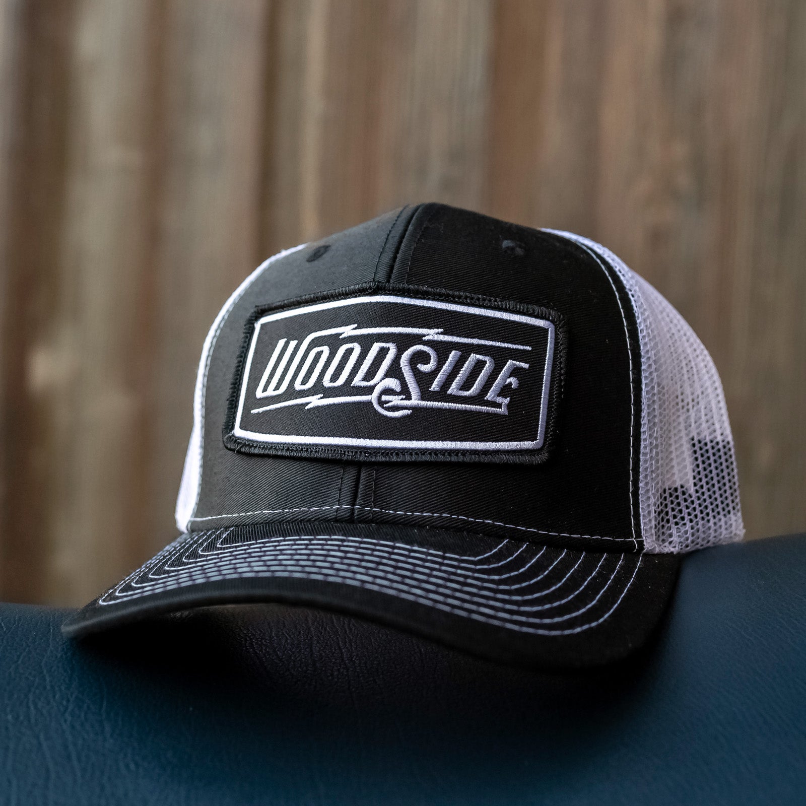 Woodside Black and White Snapback Trucker Hat, mesh, riveted, branded, adjustable, patch, truckers, cobra brand hat