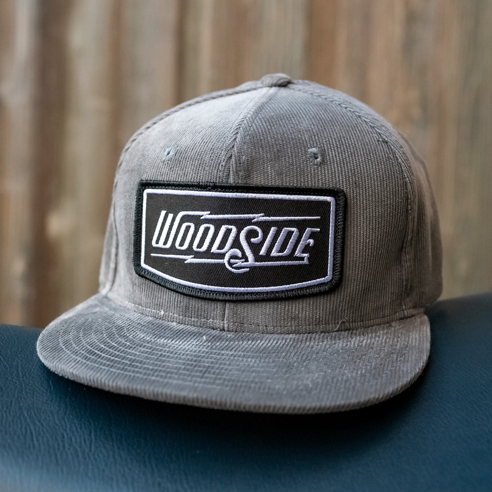 Woodside Patch grey Corduroy Snapback Hat, woodside brand, corduroy, snapback, patch, local, style, retro, flat brim, logo