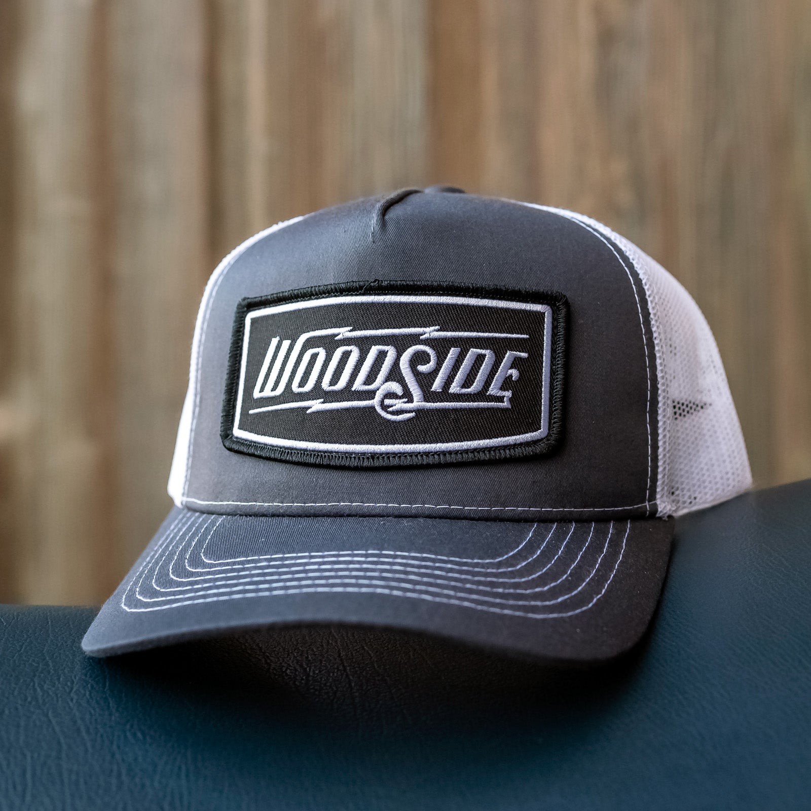 Woodside Charcoal & White Snapback Trucker Hat, truckers, mesh, brand, patch, cobra brand, snapback, embroidered patch, riveted, rivet, crown moto, contrast stitching