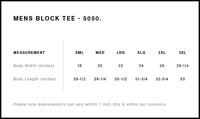 Measurement chart for a mens block tee with size chart