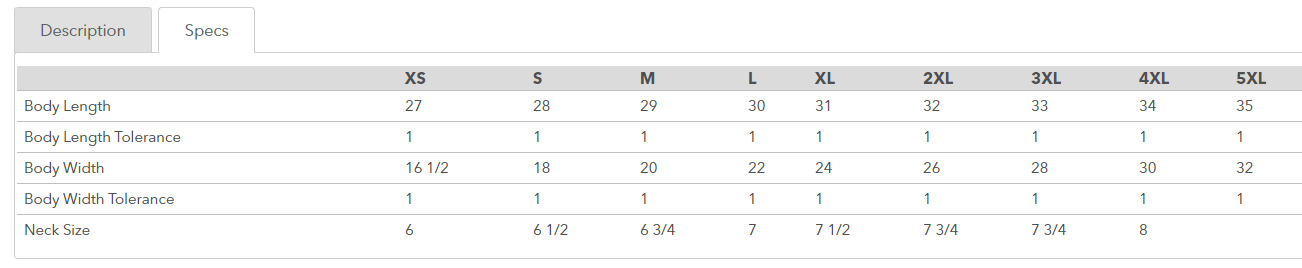Bella Canvas 3001 t-shirt size chart