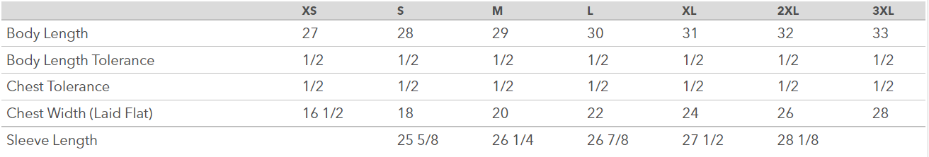 Table displaying clothing size chart with measurements for body length, chest tolerance, and sleeve length.