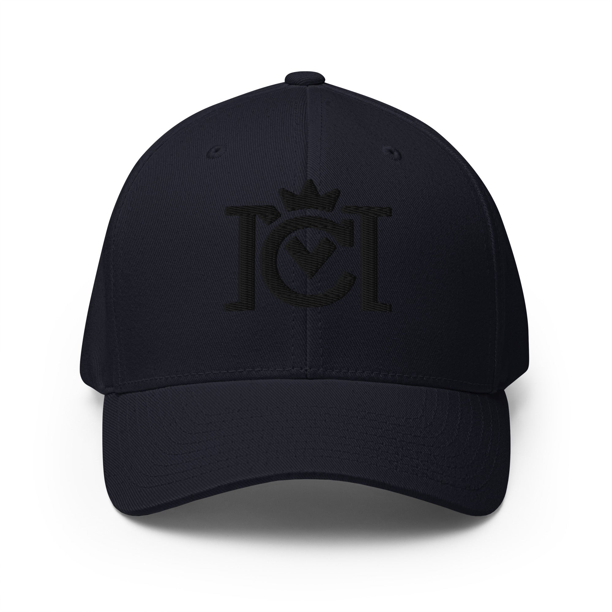 Trademarked crown moto logo embroidered in 3D puff style on front of flexfit hat