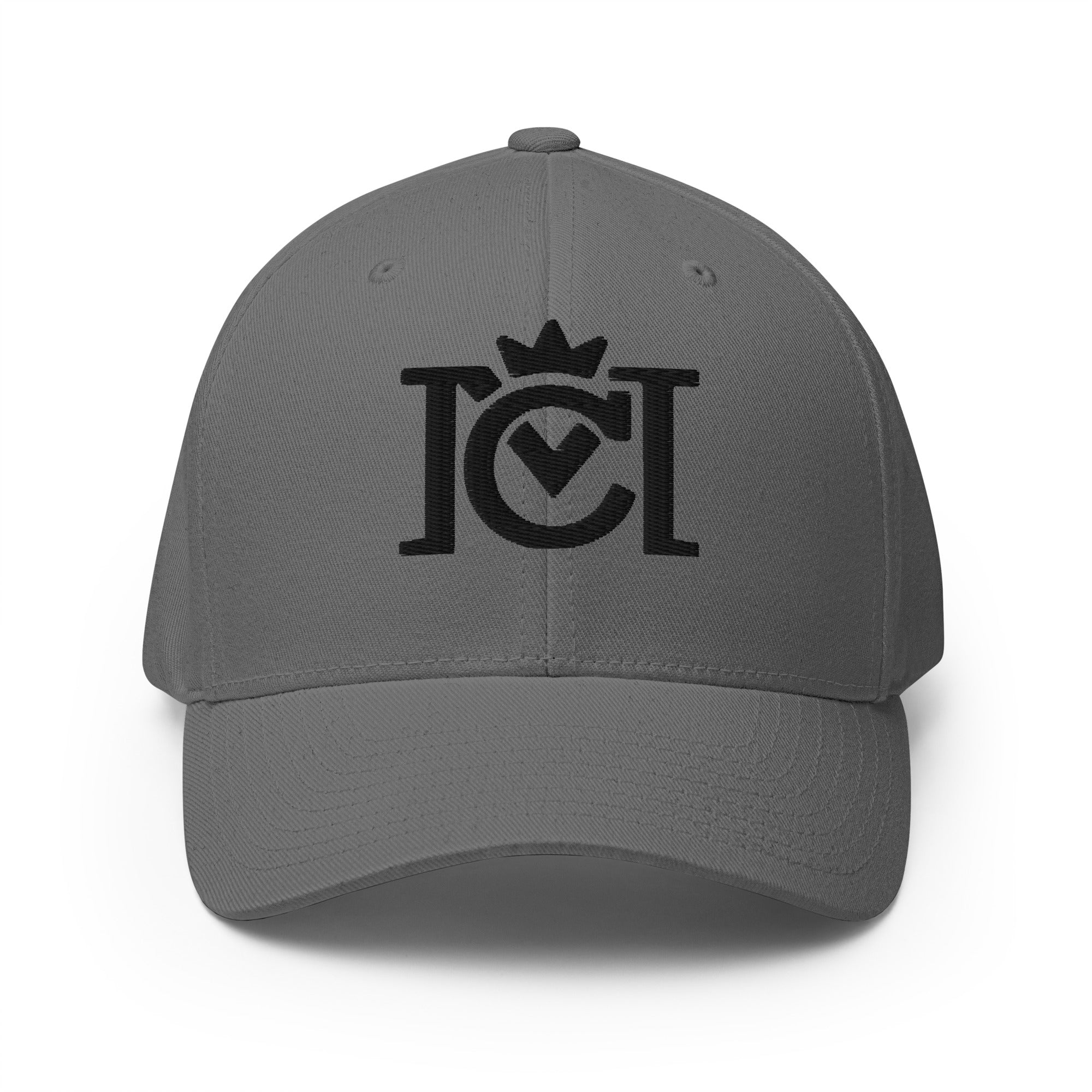 Trademarked crown moto logo embroidered in 3D puff style on front of flexfit hat