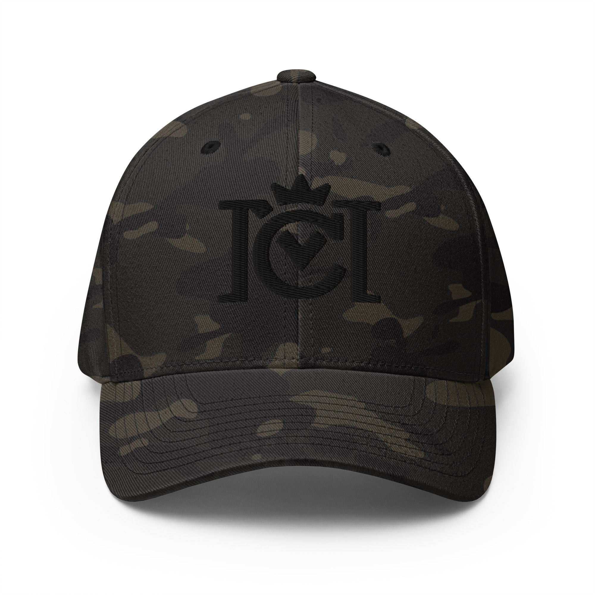 Trademarked crown moto logo embroidered in 3D puff style on front of flexfit hat