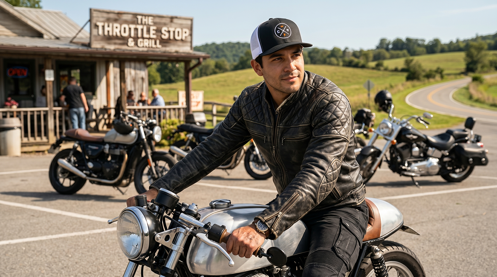 Man on a motorcycle wearing a crown moto Legend embroidered hat with other motorcycles and a scenic background.