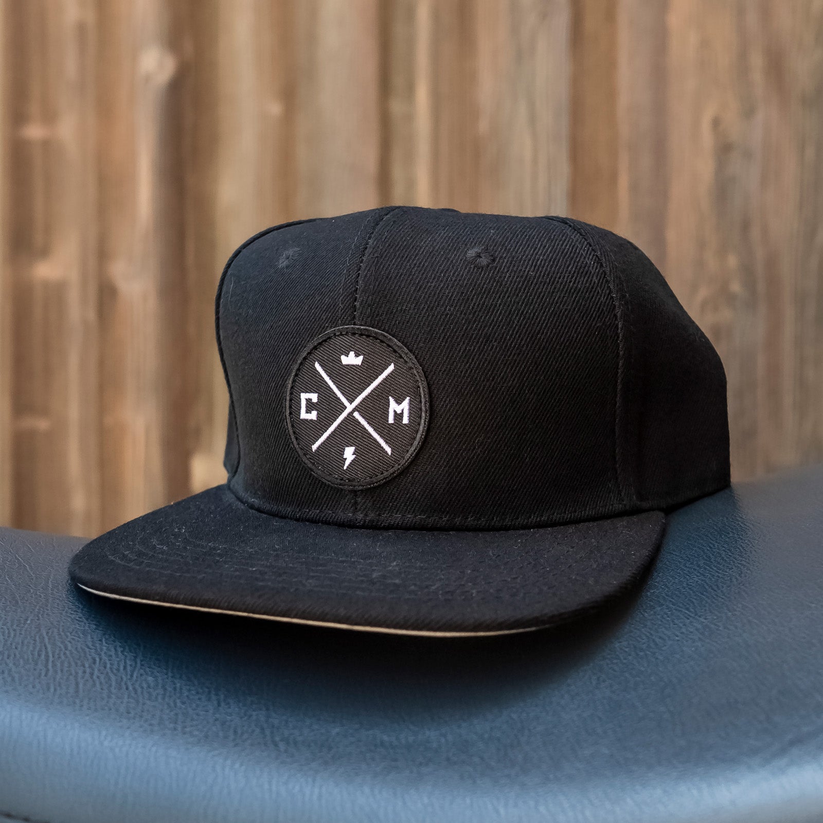Crown Moto Legend patch on black snapback hat, logo, motorcycle hats, motorcycle lifestyle, embroidered, premium quality, acrylic baseball cap. moto, motorbikes