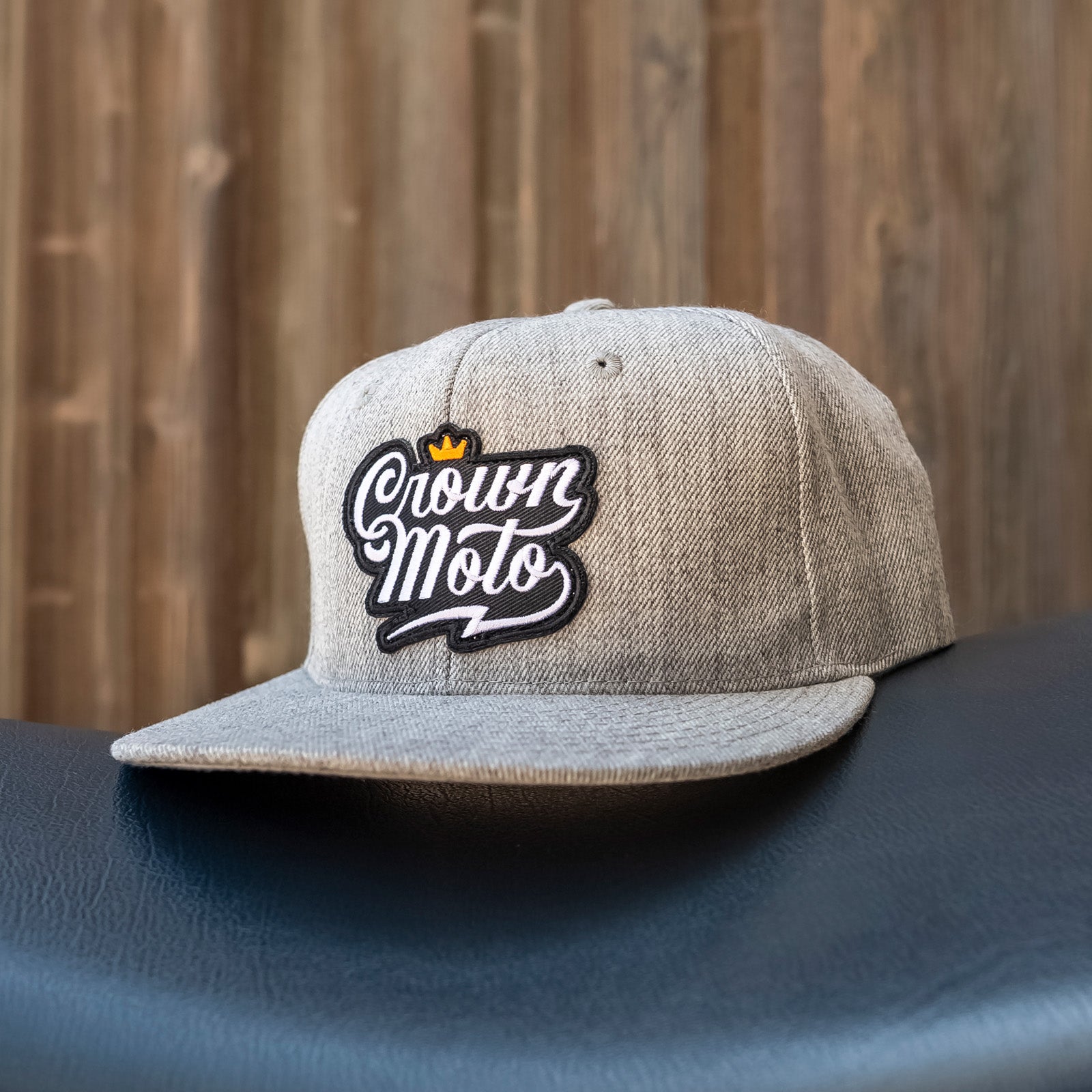Crown Moto Script Logo patch on grey wool blend snapback hat, logo, motorcycle hats, motorcycle lifestyle, embroidered, premium quality