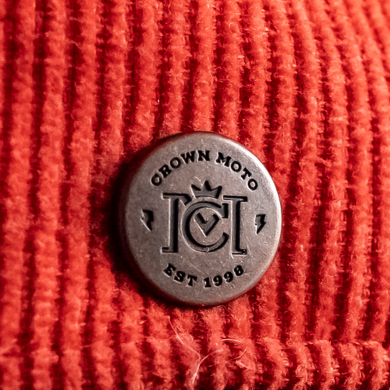 crown moto rivet, branded rivet, bronze nickel, est 1998, logo, detail view