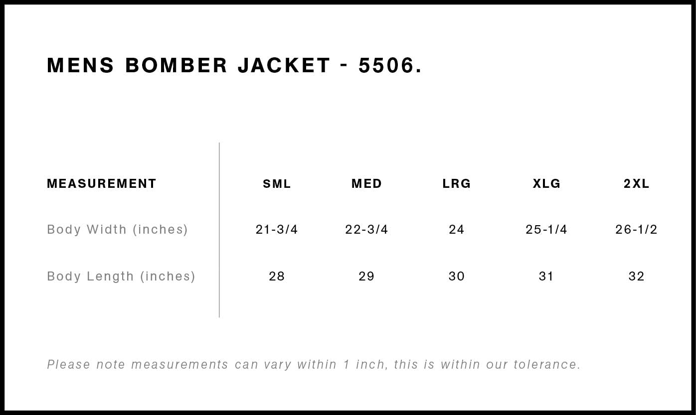 Size chart for mens cotton bomber jacket with measurements in inches.