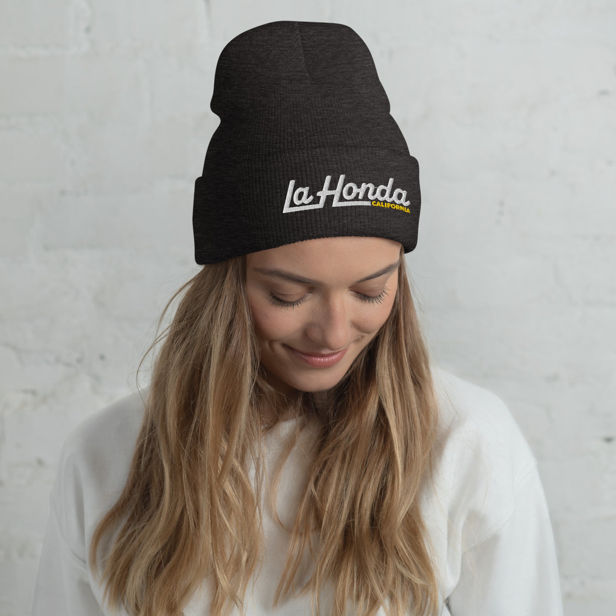 Woman wearing La Honda California embroidered beanie