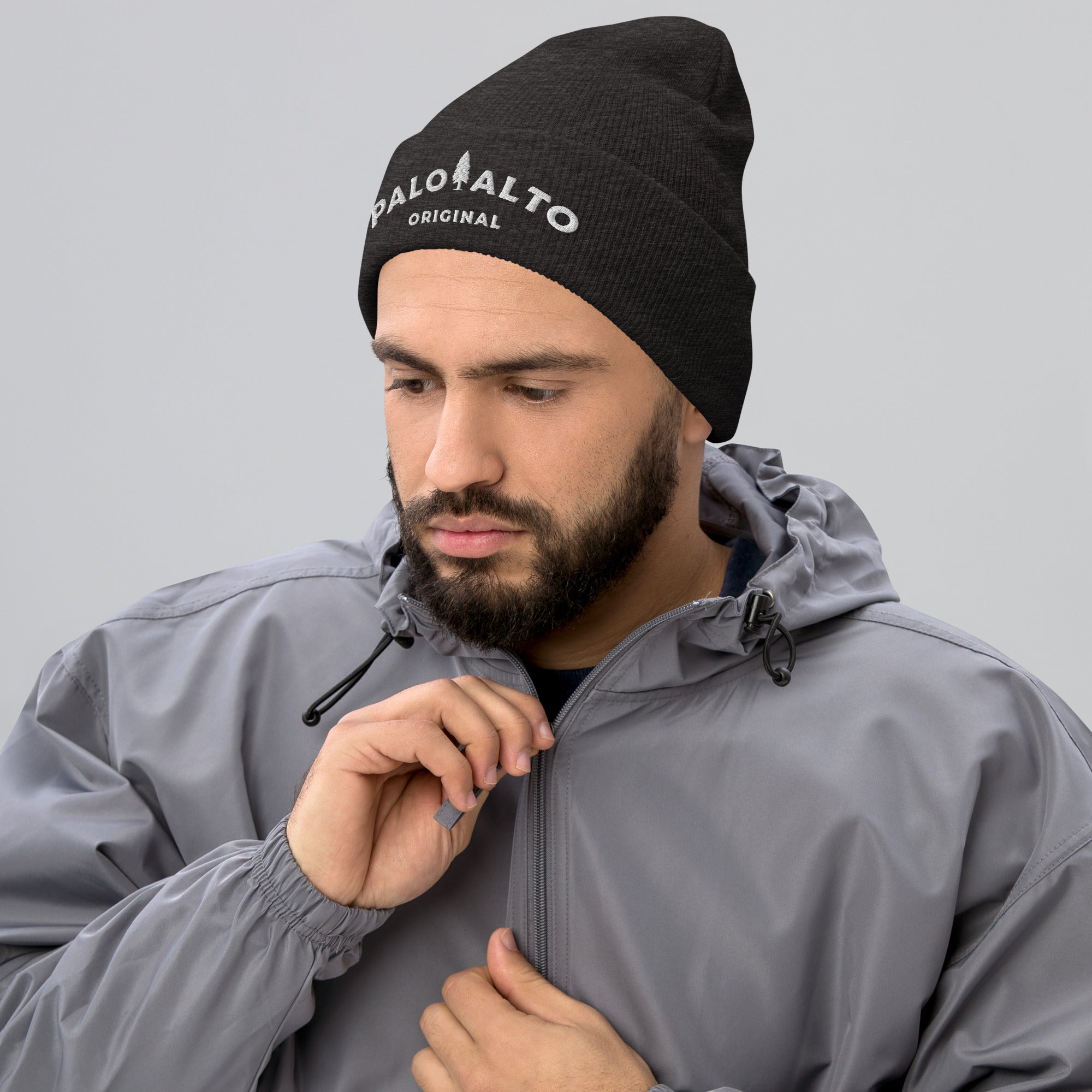 Man wearing Palo Alto Original fine ribbed knit beanie