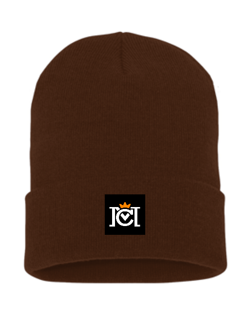 knit beanie with woven crown moto logo label sewn to the front cuff