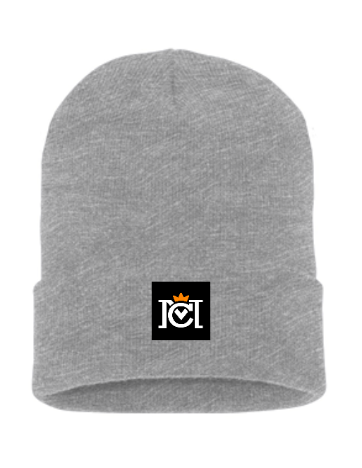 knit beanie with woven crown moto logo label sewn to the front cuff