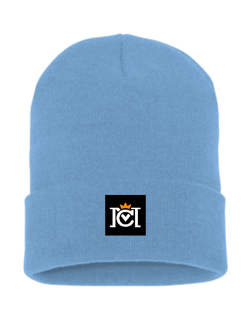 knit beanie with woven crown moto logo label sewn to the front cuff