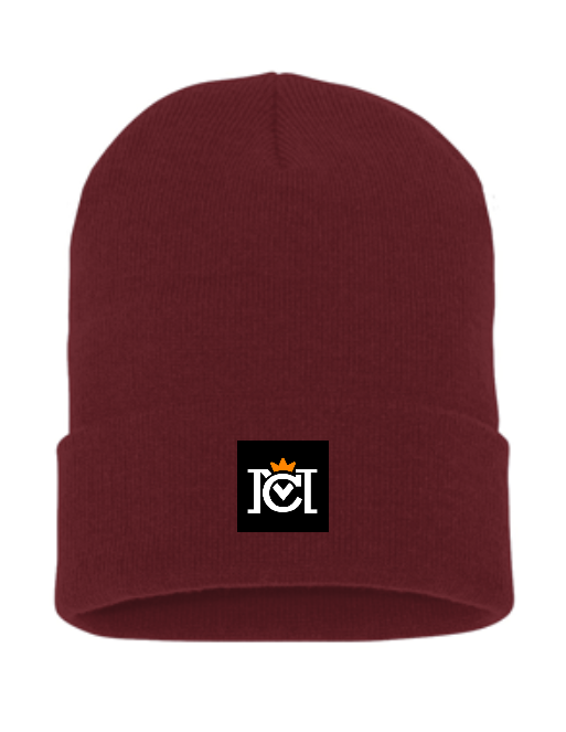 knit beanie with woven crown moto logo label sewn to the front cuff