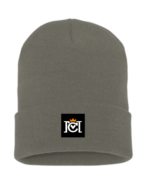 knit beanie with woven crown moto logo label sewn to the front cuff