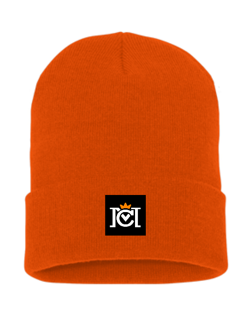 knit beanie with woven crown moto logo label sewn to the front cuff
