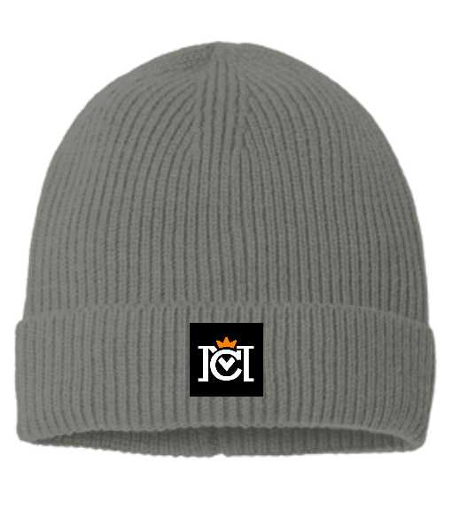ribbed beanie with woven crown moto logo label sewn to the front cuff