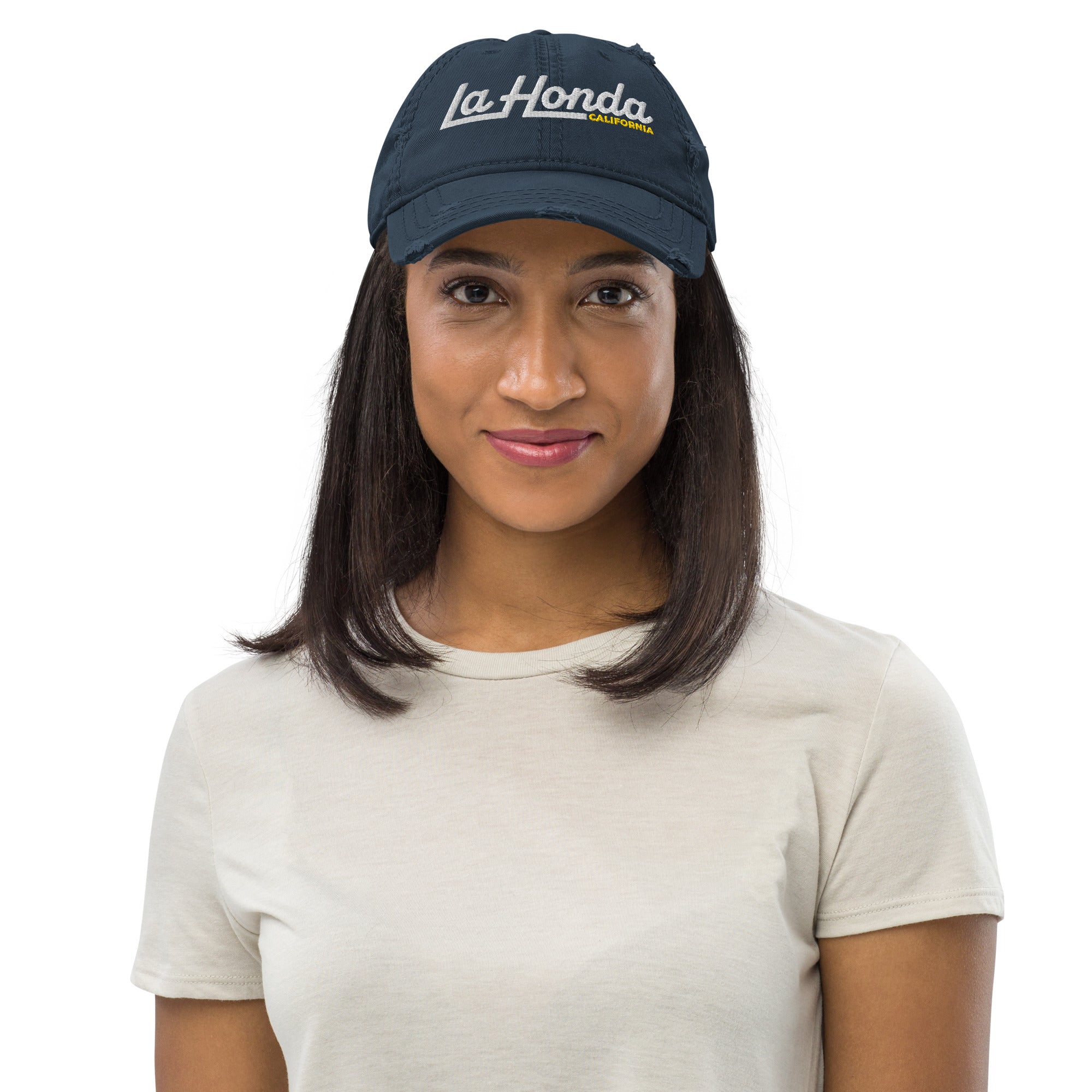 Woman wearing La Honda California embroidered hat