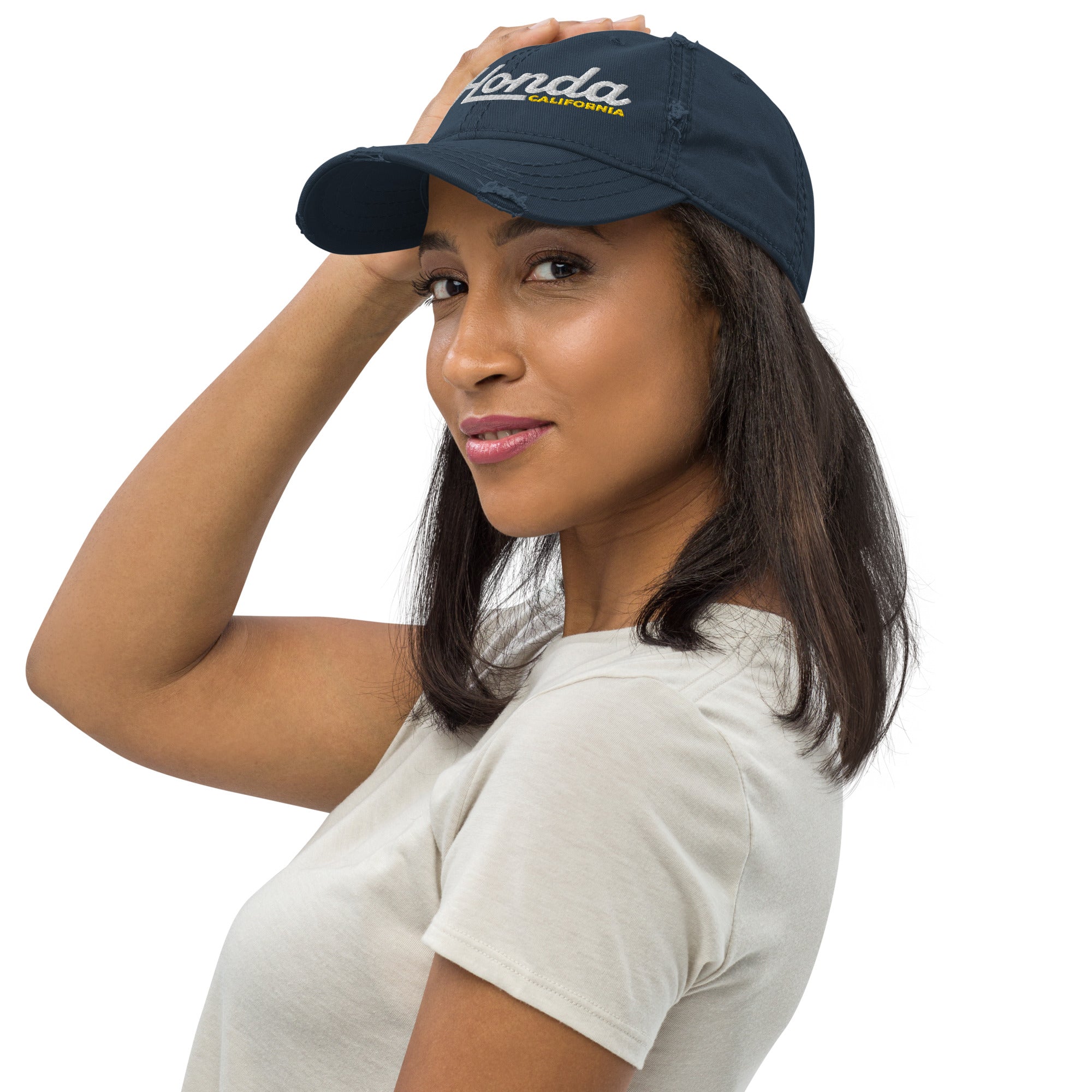 Woman wearing La Honda California embroidered hat