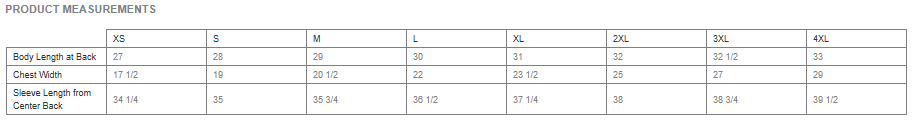 District Long Sleeve t-shirt Product measurements chart with size chart and dimensions.