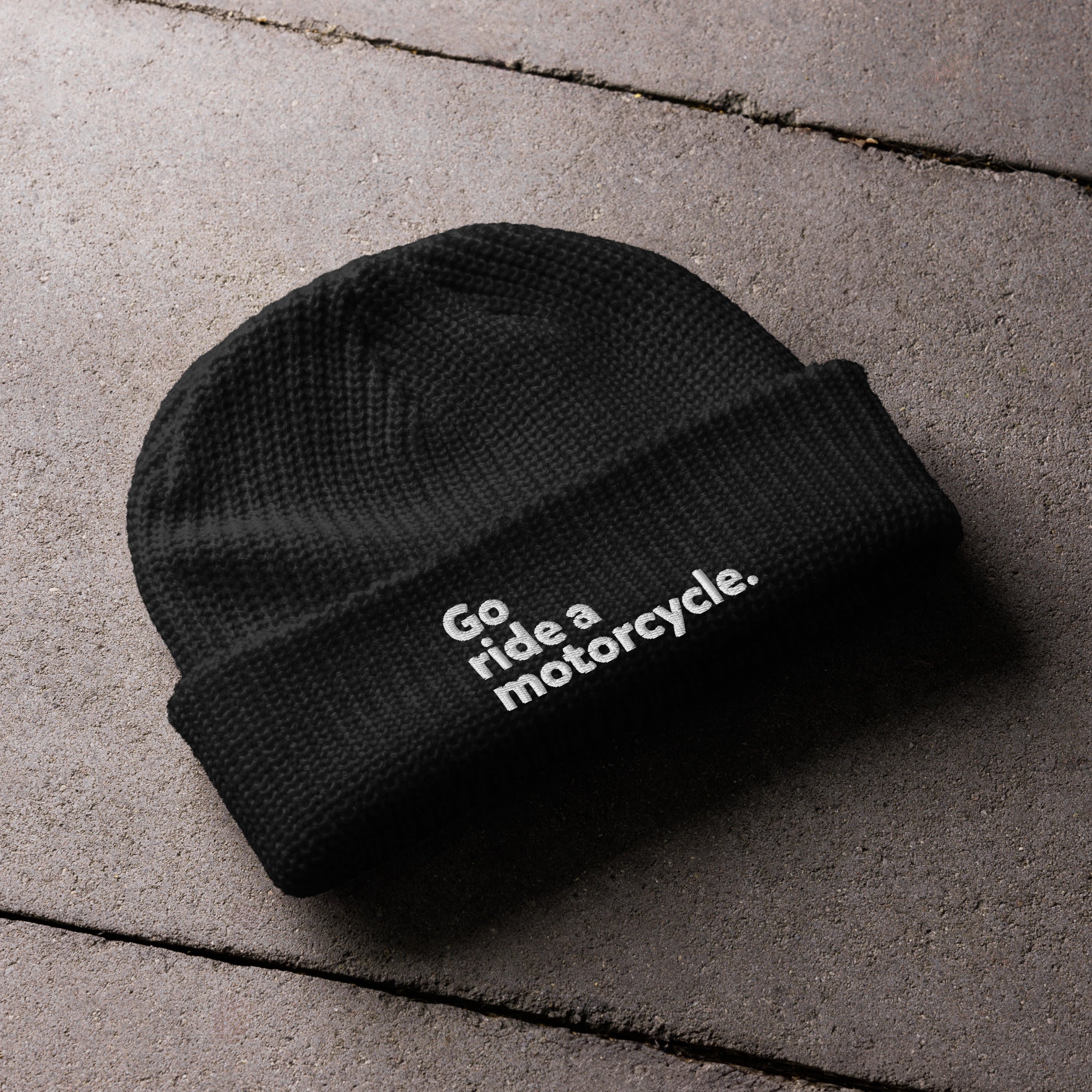 Black "Go ride a motorcycle" embroidered fisherman beanie