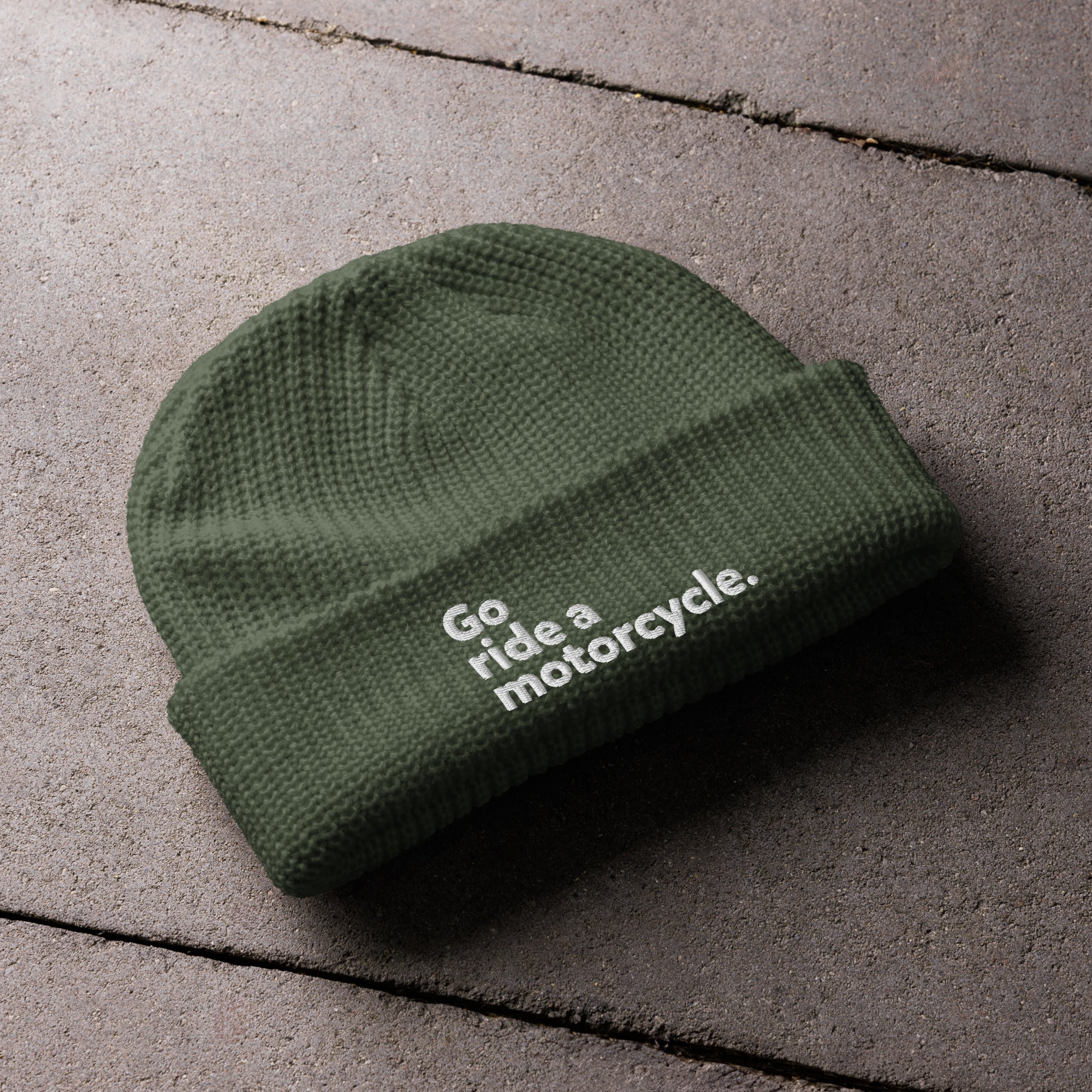 Green "Go ride a motorcycle" embroidered fisherman beanie