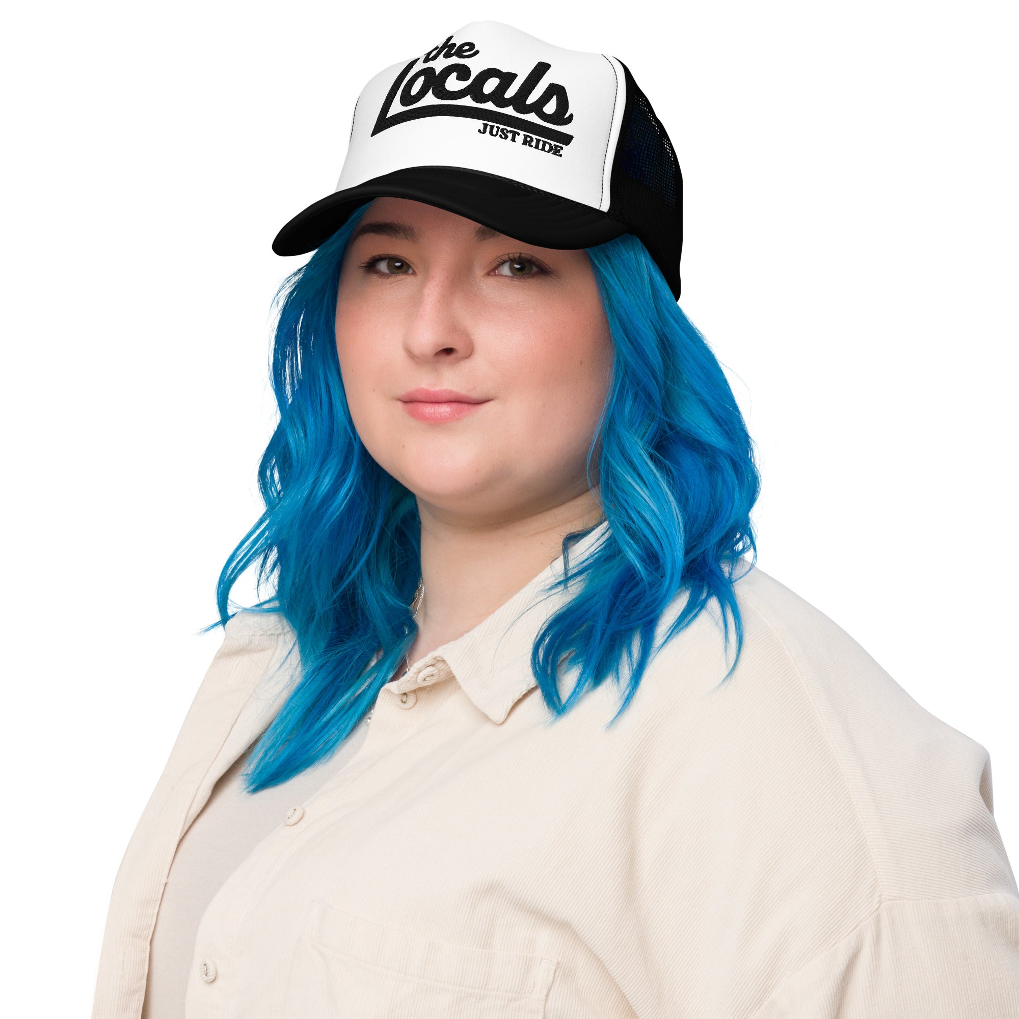 the Locals Just Ride embroidered foam front trucker hat from Crown Moto