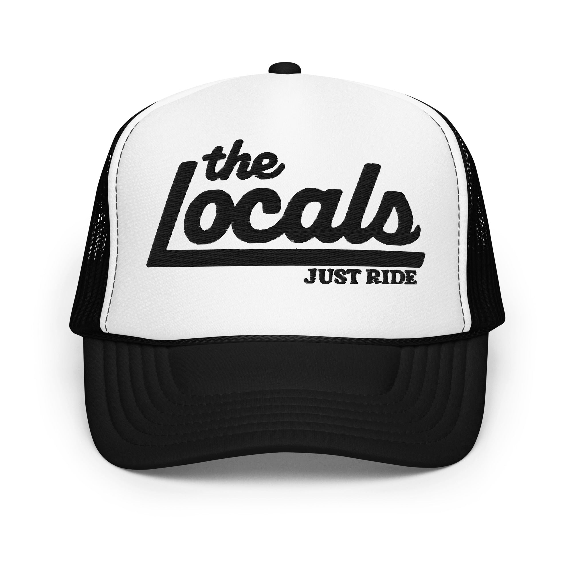the Locals Just Ride embroidered foam front trucker hat from Crown Moto
