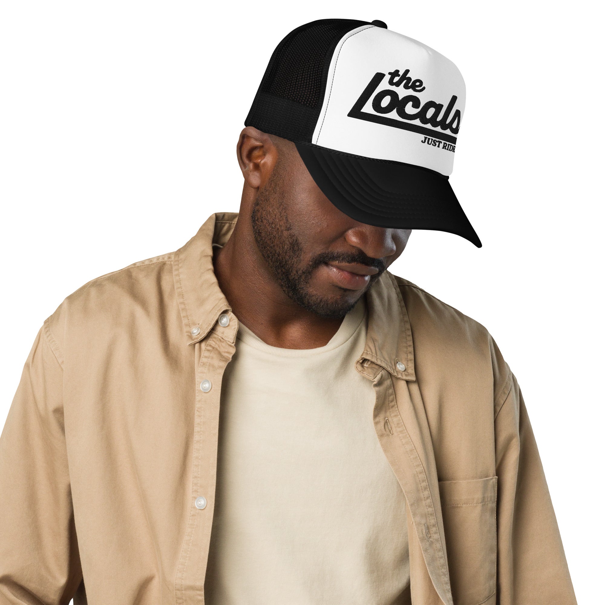 the Locals Just Ride embroidered foam front trucker hat from Crown Moto