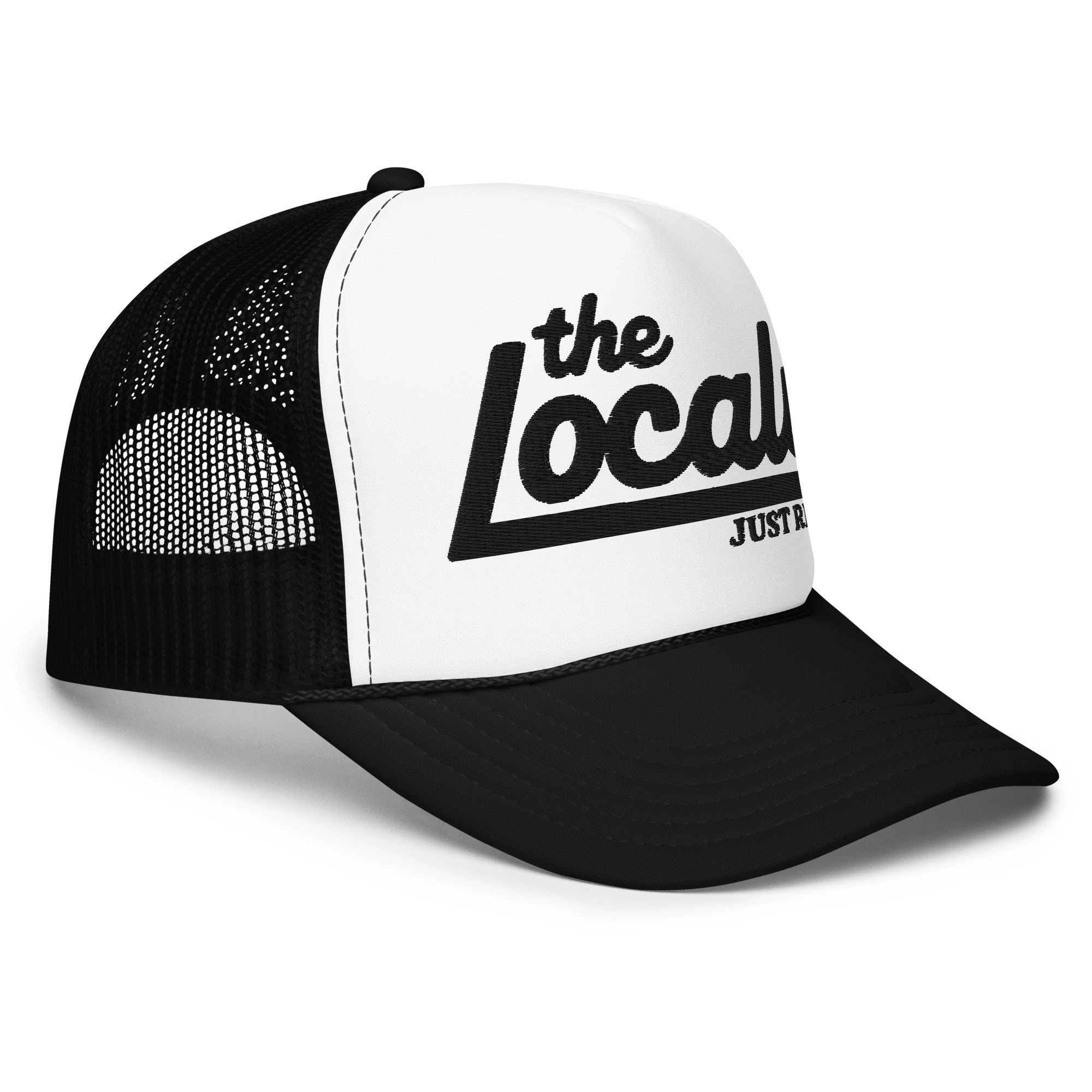the Locals Just Ride embroidered foam front trucker hat from Crown Moto