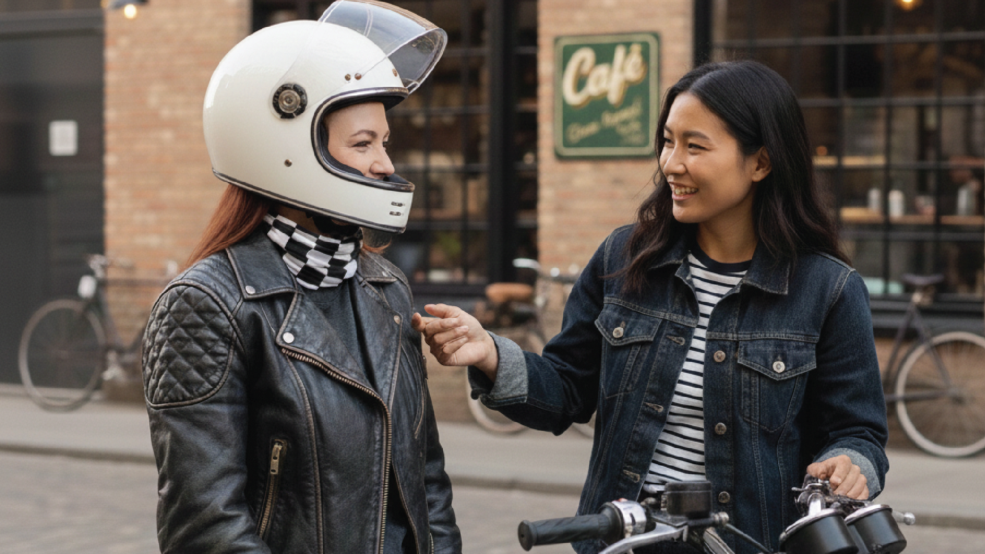 Two women, one wearing a checkered neck gaiter and white helmet sitting on a motorcycle